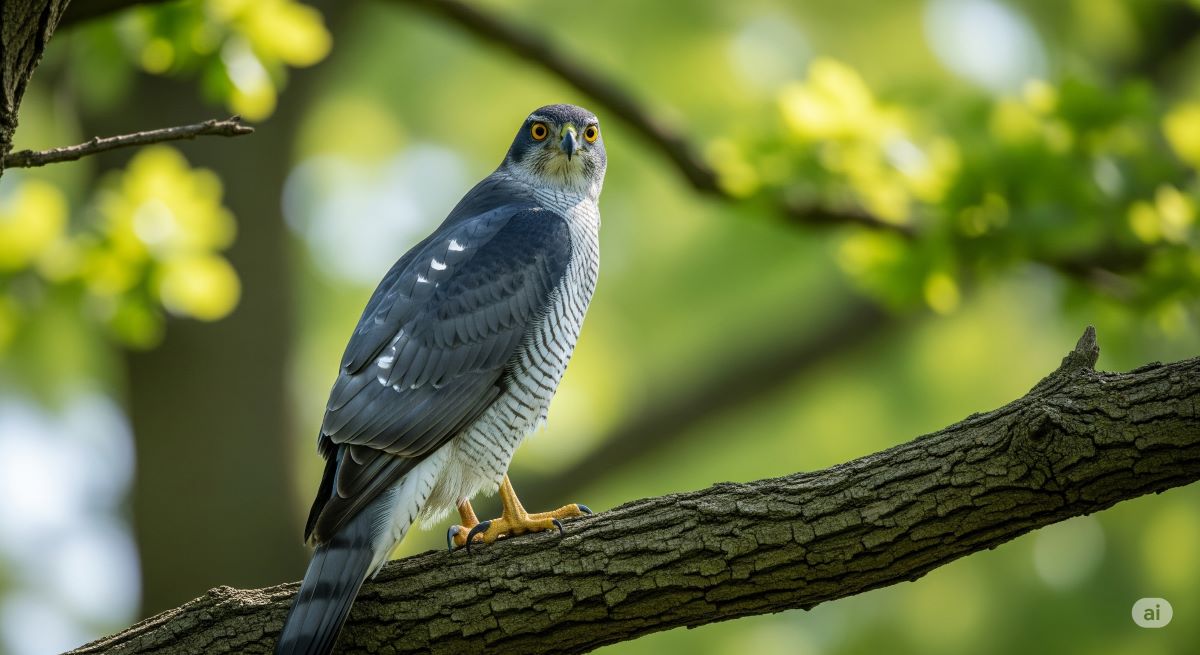 オオタカの成鳥が木の枝に止まっている写真。青みがかった灰色の背面と白い腹部の横縞、黄色い目が特徴的