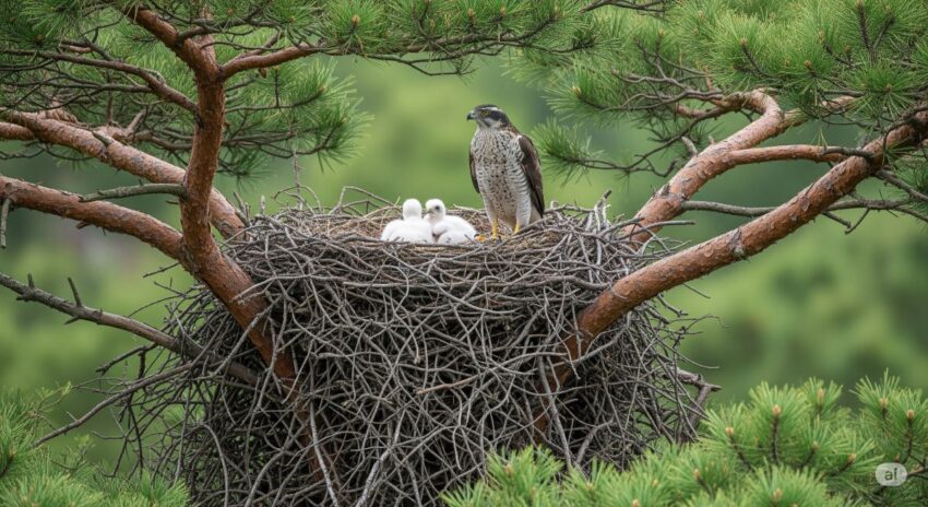 松の木の高い位置にあるオオタカの巣。親鳥と白い綿毛に覆われた雛が写っている。