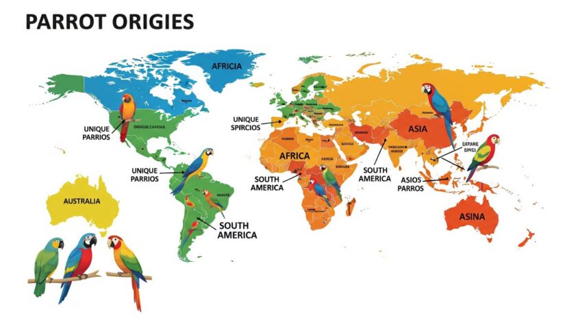 世界地図上にインコの分布地域を示した図