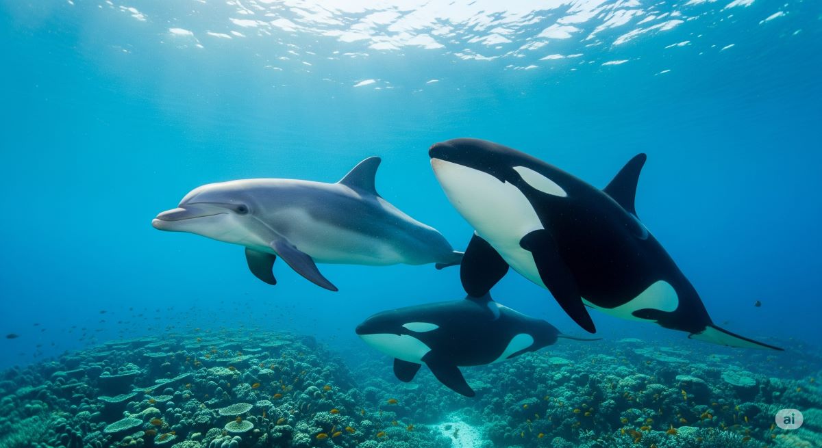 海の動物の知能比較 - イルカとシャチが青い海で並んで泳ぐ様子