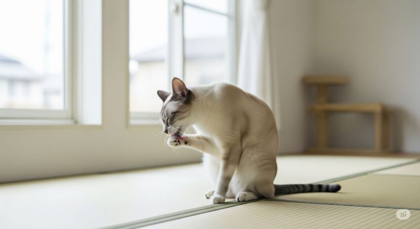 自分でグルーミングをするシングルコートの猫