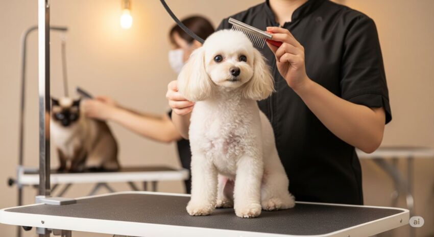 シングルコートの犬と猫のお手入れをしている様子