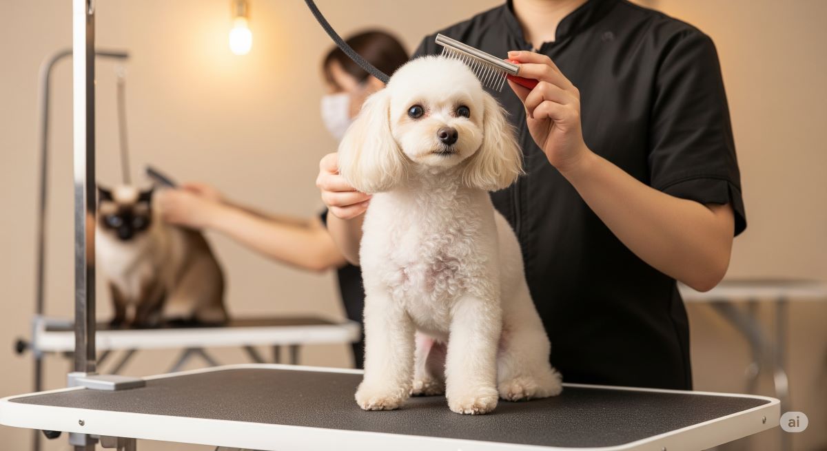 シングルコートの犬と猫のお手入れをしている様子