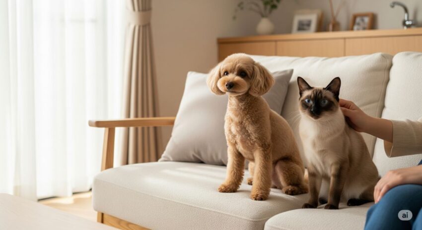 シングルコートの犬と猫を一緒に飼っている日本人家庭の様子