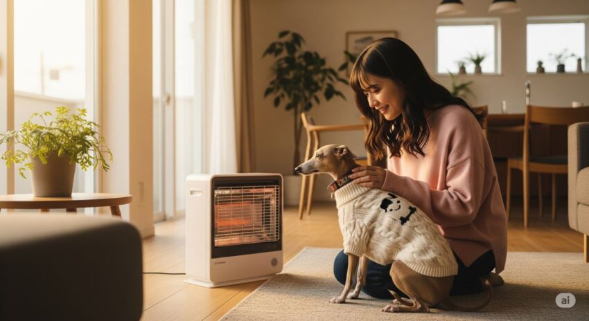 セーターを着たシングルコートの犬と飼い主の日本人女性