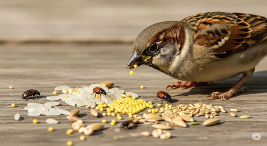 すずめの好物の写真:米粒、雑穀、昆虫などの自然な食べ物を食べているすずめ