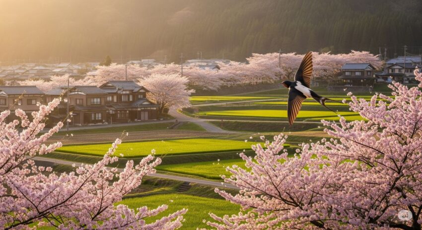 日本の風景を飛ぶツバメと人間の共生を表現した美しい写真