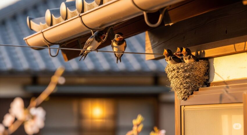日本家屋の軒下に作られたツバメの巣と幸運をもたらす家族の様子