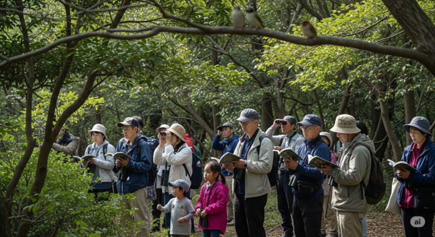 日本野鳥の会の探鳥会で双眼鏡を使って野鳥観察をする参加者たち