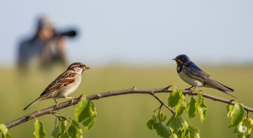 野鳥保護の概念を表す写真:自然環境の中のすずめとつばめを適切な距離から観察している様子