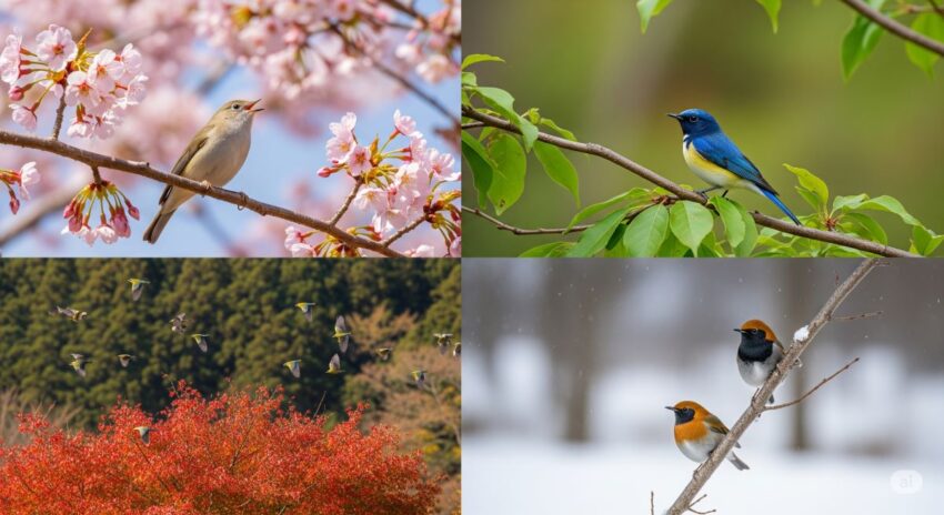 四季を通じた日本の野鳥の美しい自然環境での生活風景