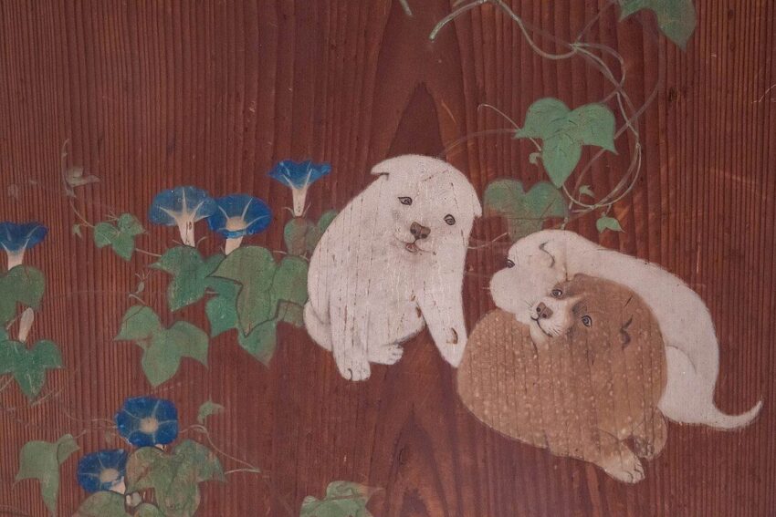 応挙 犬 東京国立博物館 本館 : 円山応挙 朝顔狗子図杉戸 - 朝顔の下で遊ぶ愛らしい3匹の白い子犬たち