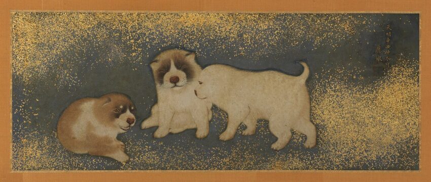 Maruyama Ōkyo - Puppies - 2015.79.158 - Minneapolis Institute of Art円山応挙 仔犬図 - 金地に雪の中で戯れる3匹の茶色と白の子犬たち