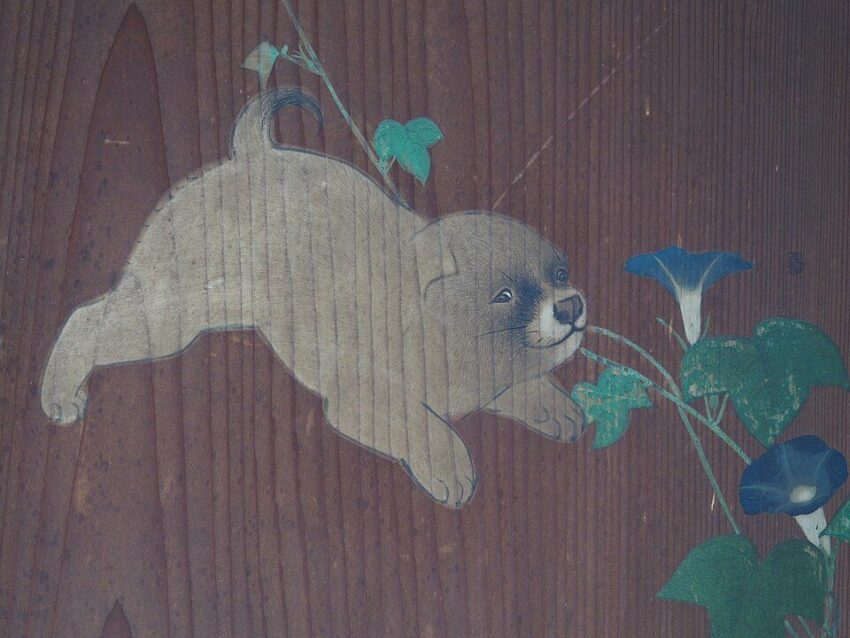Close-up of Morning Glories and Puppies by Maruyama Okyo
円山応挙 朝顔狗子図杉戸詳細 - 朝顔の花と戯れる子犬