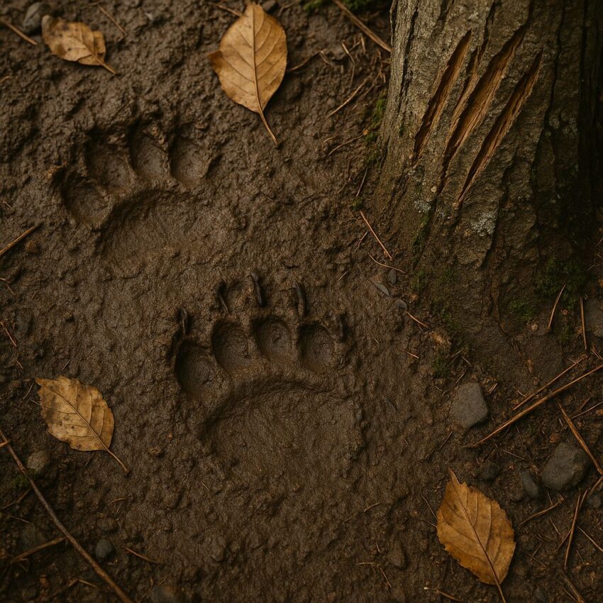 泥地に残されたクマの足跡と樹木の樹皮に残る爪痕のクローズアップ写真
