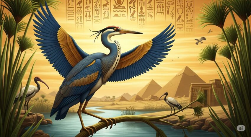古代エジプトのベンヌ鳥、フェニックスの起源とされる神聖な鳥のイラスト