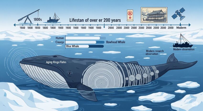 ホッキョククジラの200年の寿命を説明するインフォグラフィック。北極海の氷海を泳ぐホッキョククジラと歴史的タイムライン、年輪による年齢測定方法を視覚的に表現