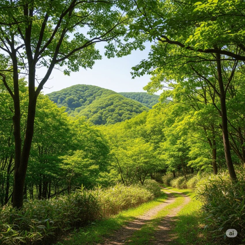 千葉県房総半島の平和な森林風景。クマの生息しない緑豊かな里山の遊歩道