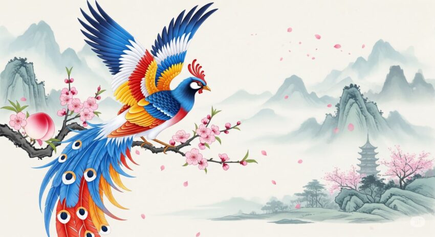 中国の鳳凰、五色の美しい羽根を持つ平和と繁栄の象徴
