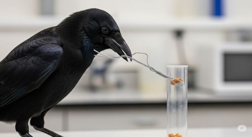 道具を使って問題を解決している賢いカラスの写真。針金状の道具を操作して餌を取り出している様子