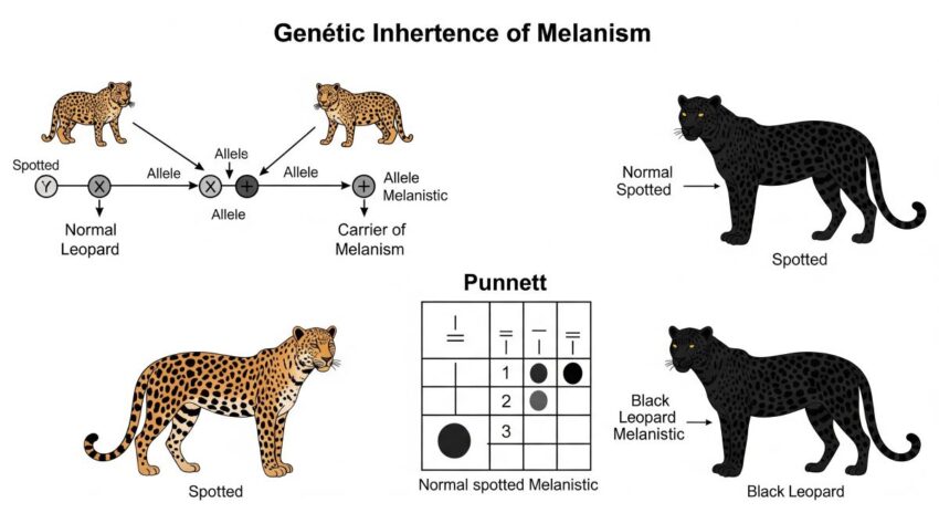 クロヒョウの遺伝パターン説明図 - 劣性遺伝の仕組みを視覚的に解説