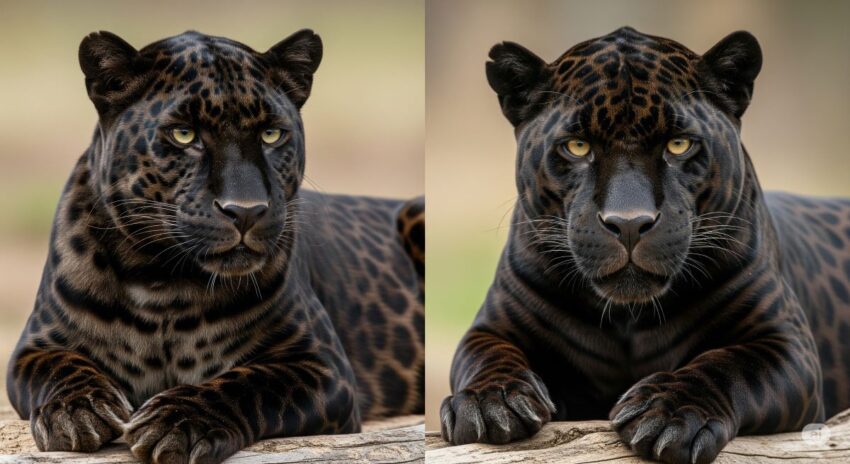 クロヒョウ（左）とクロジャガー（右）の斑紋比較 - どちらも黒い毛の中にロゼット模様が確認できる