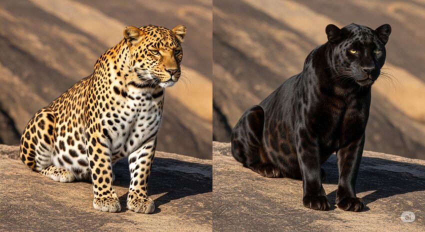 通常のヒョウ（左）とクロヒョウ（右）の比較 - 斑紋の違いが明確