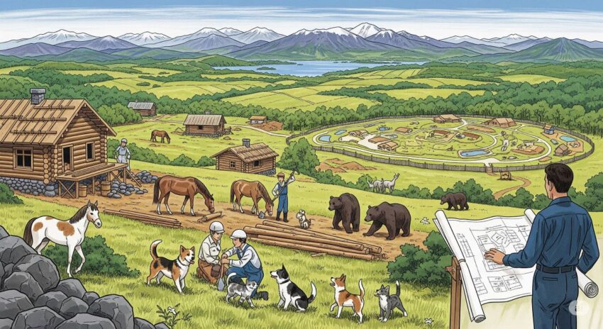 1972年北海道に建設されたムツゴロウ動物王国の様子を表現したイラスト