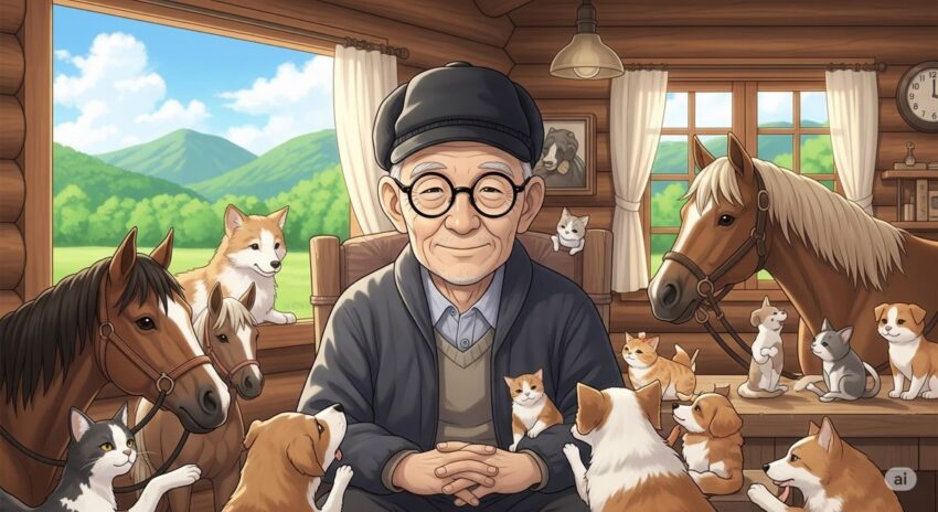 特徴的な黒縁眼鏡とベレー帽を着用し、動物たちと共に暮らすムツゴロウさんのイメージイラスト