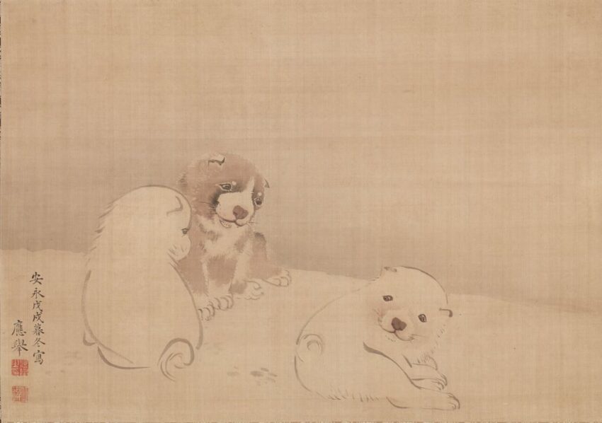 円山応挙『狗子図』1778年 敦賀市立博物館円山応挙 狗子図 - 茶色と白の3匹の子犬がじゃれ合っている様子