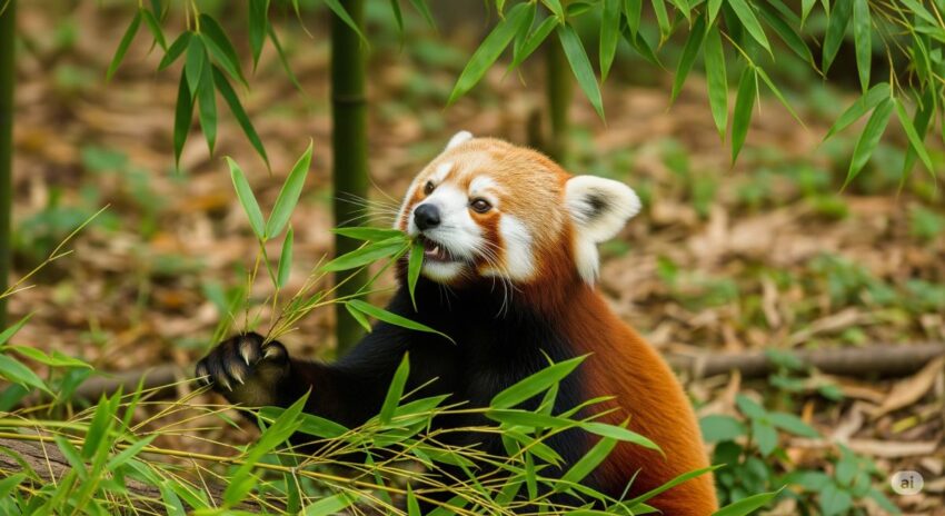 竹の葉を食べるレッサーパンダの自然な摂食行動を示す画像