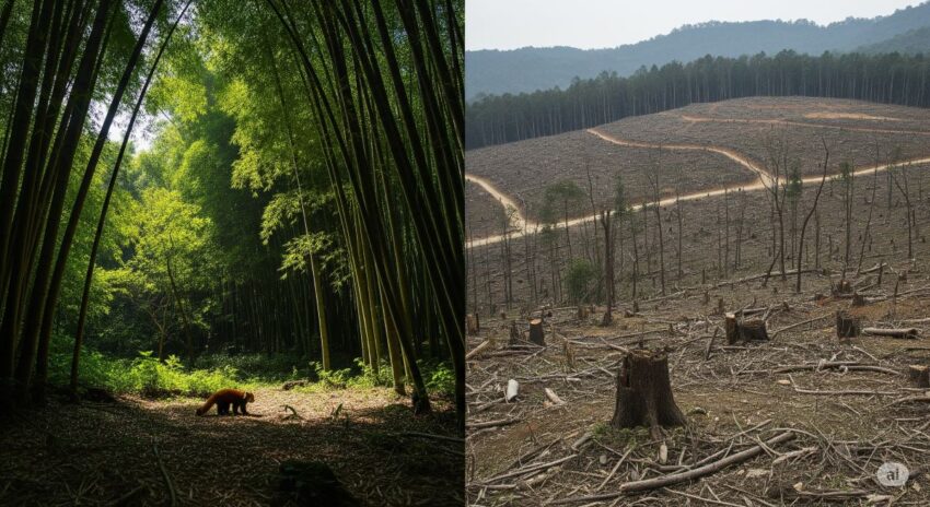レッサーパンダの生息地である森林の破壊前後を比較した環境変化の画像