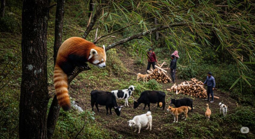 レッサーパンダが人間活動による脅威を警戒している山間部の生息地の様子