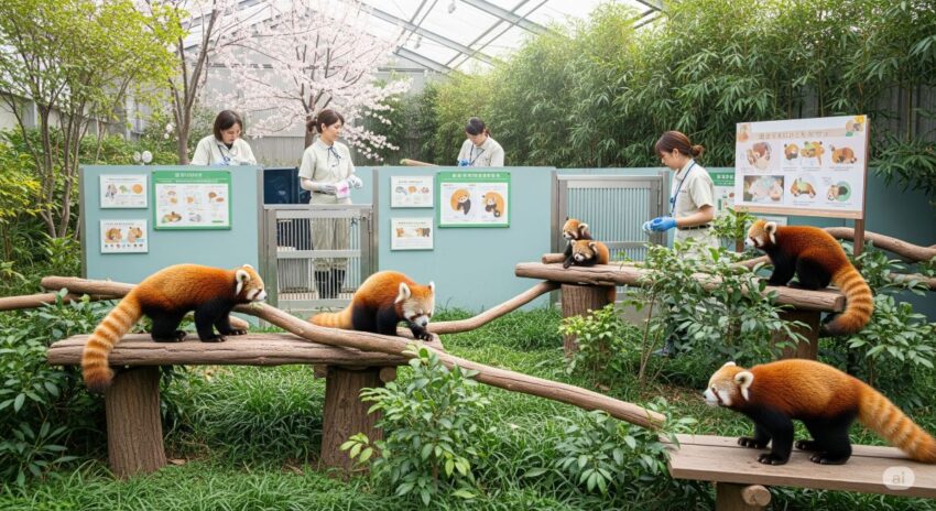 日本の動物園でのレッサーパンダ保護・繁殖活動の様子