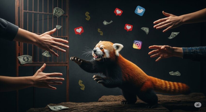 レッサーパンダの密猟と違法取引の深刻さを表現した象徴的な画像