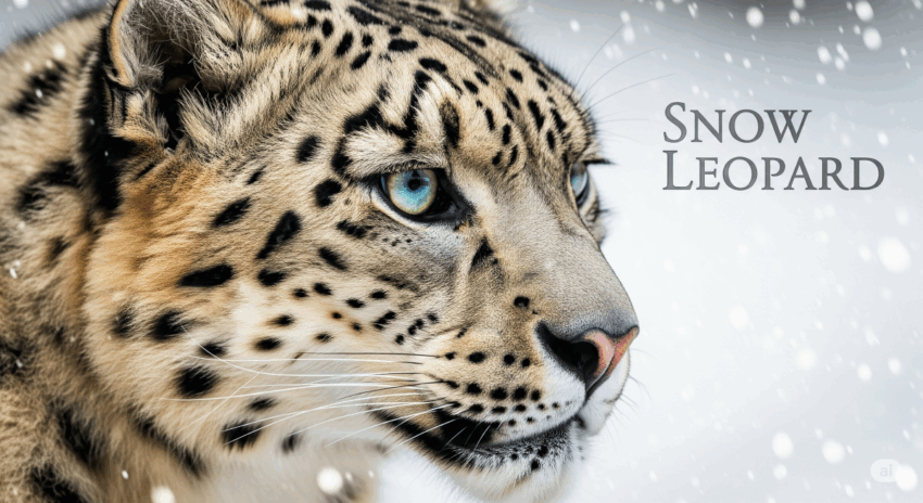 Snow Leopardの文字と共に映るユキヒョウの横顔