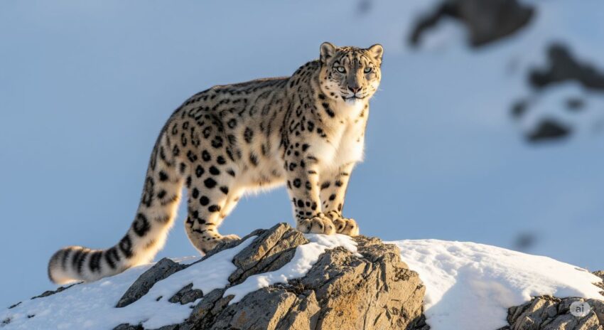 ヒマラヤ山脈の岩場に佇む野生のユキヒョウ