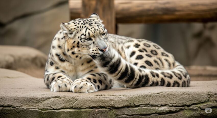 自分の尻尾をくわえてリラックスするユキヒョウ