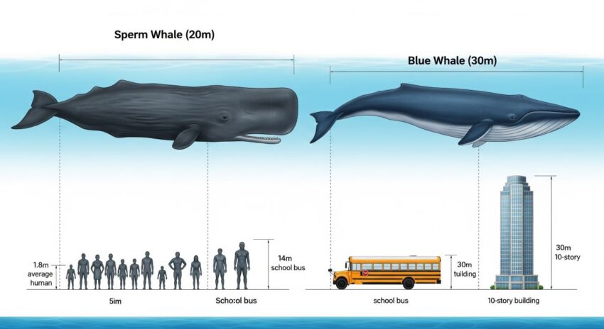 マッコウクジラ(20m)とシロナガスクジラ(30m)の正確なサイズ比較図。人間、スクールバス、10階建てビルとの大きさ比較も含む