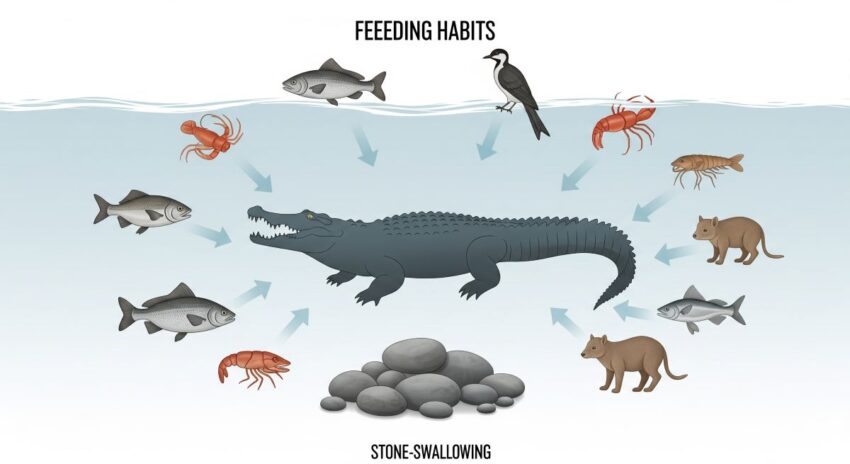 ワニの食性を示すインフォグラフィック:魚類、甲殻類、鳥類、哺乳類など多様な食べ物を図解