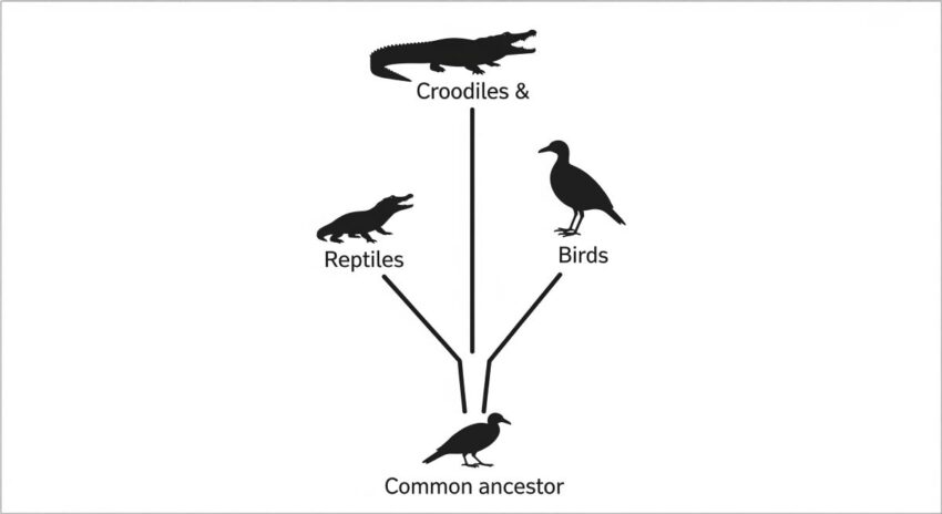 ワニと鳥類の進化系統関係図:現生爬虫類の中でワニが鳥類に最も近いことを示す系統樹