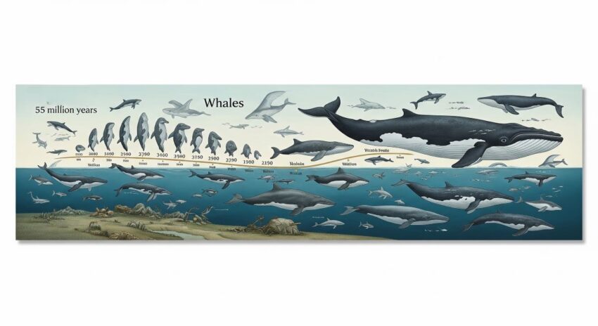 鯨の進化を示す科学的系統図。5500万年前のパキケタスから現代のクジラまでの進化過程と解剖学的変化を詳細に描いた図解