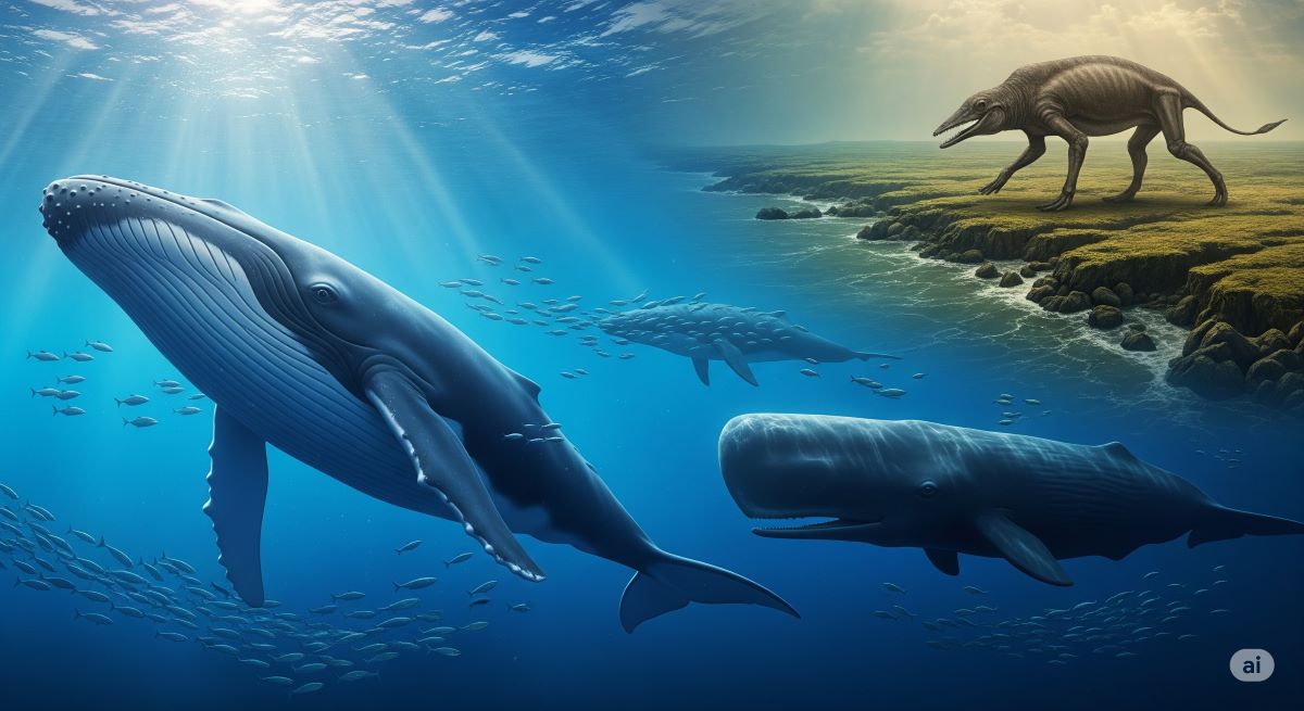 鯨の進化を表現した壮大な海中シーン。現代のシロナガスクジラ、マッコウクジラ、そして5000万年前の四足歩行していたパキケタスが一つの画面に描かれている