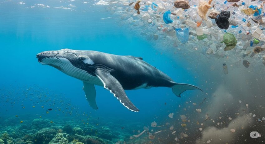 プラスチックごみで汚染された海を泳ぐクジラ。海洋汚染が海洋哺乳類に与える深刻な影響を表現した環境啓発画像