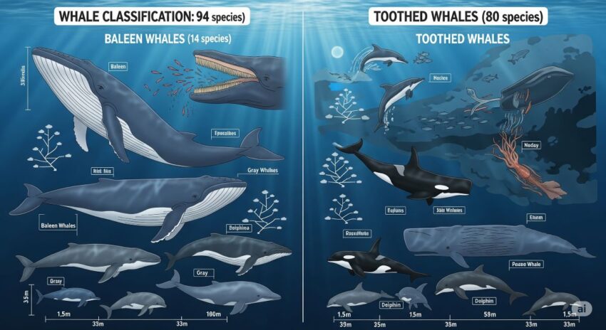 94種類のクジラの分類を示すインフォグラフィック。ヒゲクジラ類14種とハクジラ類80種の特徴と代表種を視覚的に説明した教育図表
