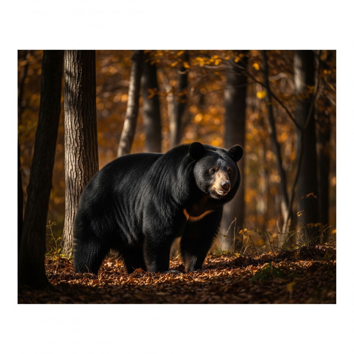 森林の中で警戒するツキノワグマの姿。秋の紅葉を背景に立つ野生のクマの全身写真