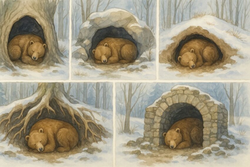 熊の冬眠場所5タイプの断面図：樹洞、岩穴、土穴、根穴、人工構造物の構造と特徴を示すイラスト