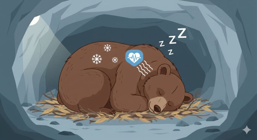 洞窟で冬眠するクマの様子:丸くなって眠るクマと、心拍数低下・体温低下を示すアイコン