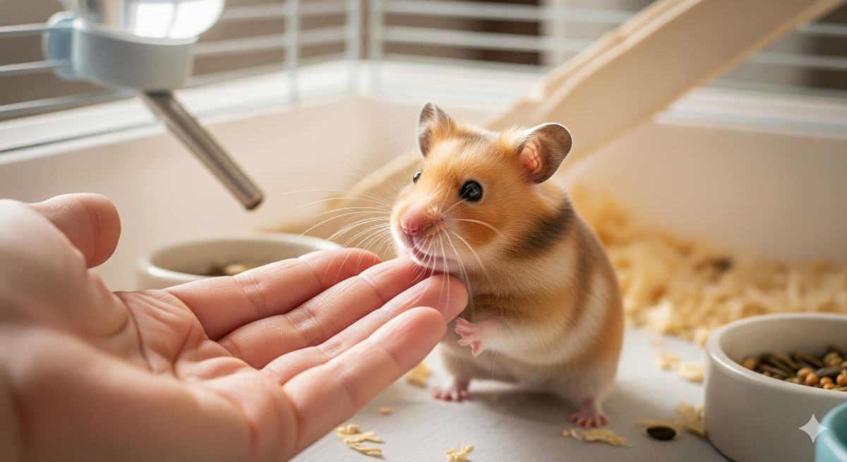 ハムスター英語完全ガイド:飼育から会話まで使える英単語・フレーズ・表現集に関する画像: hamster approaching hand main