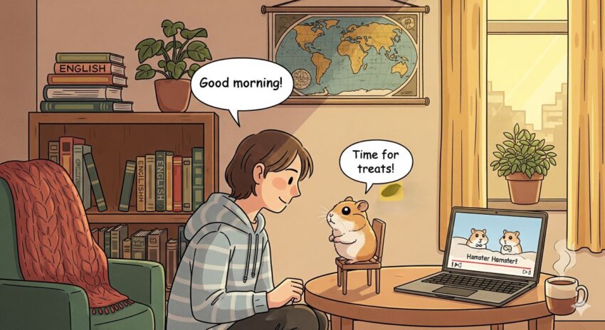 ハムスターと英語で会話する飼い主のイラスト、英語学習環境が描かれた室内